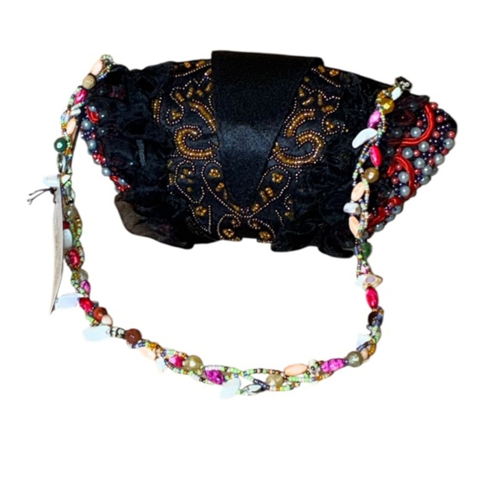NA XXXX ????? 
Black Satin Small Multicolor Beaded Clutch Bag Purse